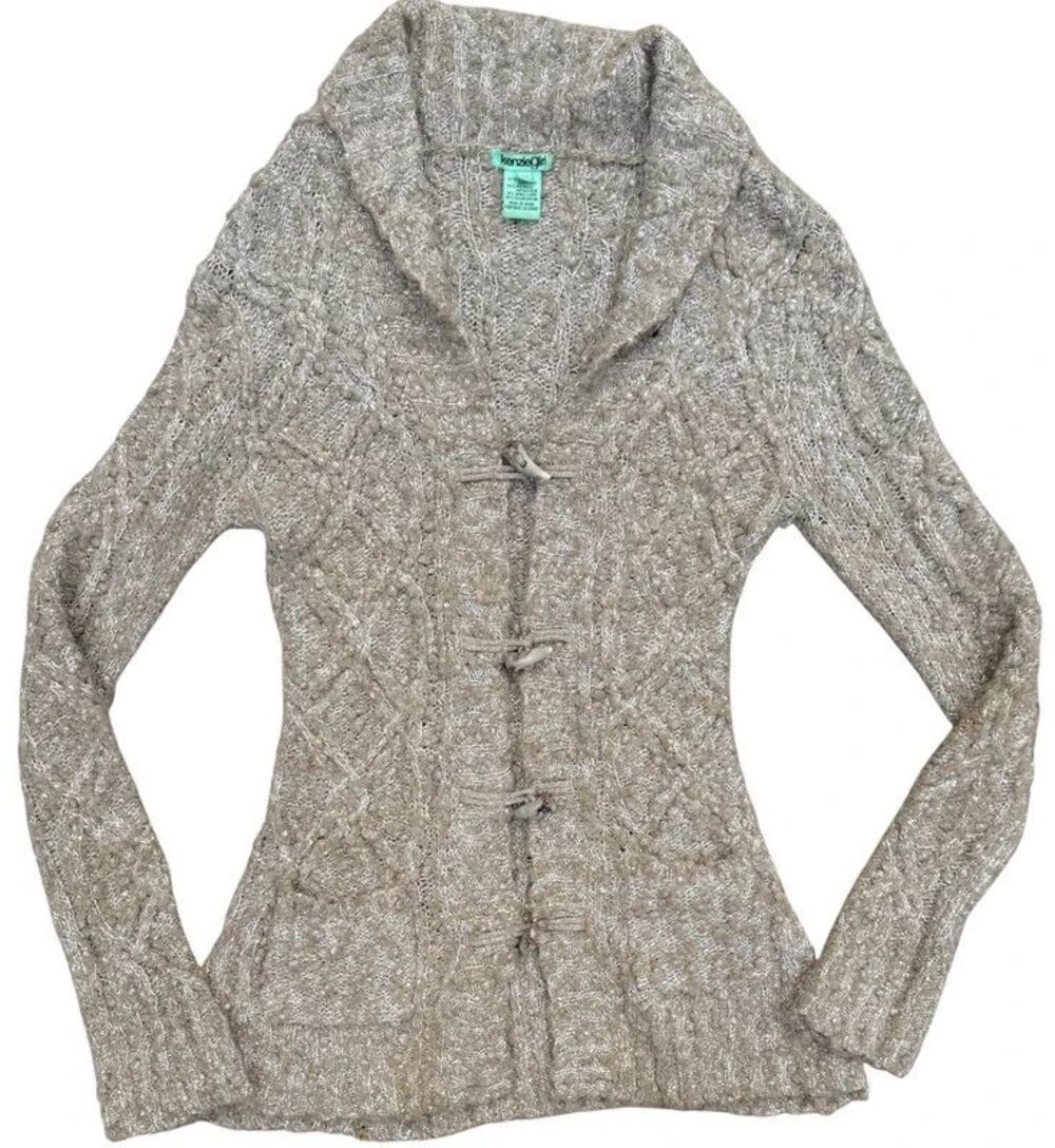 Y2K Boho Cozy Kenzie Girl Glitter Knit Longline Flare Toggle Cardigan - L